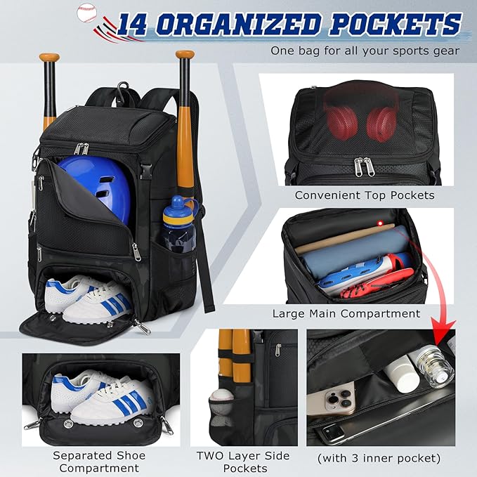 RAINSMORE Baseball Backpack, Lightweight Softball Bag with Shoe Compartment Baseball Bag for Youth & Adult Softball Bat Bag with Fence Hook Helmet Holder Sports Backpack for T-Ball