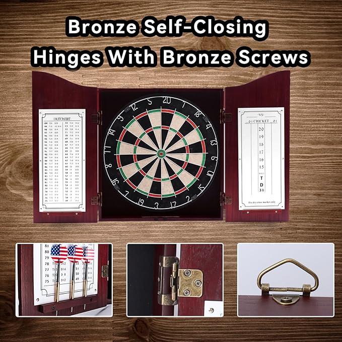 GSE Games & Sports Expert Professional Solid Wood Classic Dartboard Cabinet with Sisal/Bristle Dartboard, Scoreboard, and 6 Steel Tip Darts, Easy Assembly Complete with All Accessories (Deluxe Cherry)
