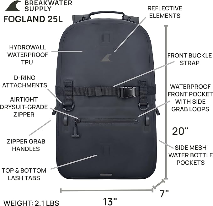 Breakwater Supply™ Waterproof IP68 Submersible Backpack with Airtight Zippers | Laptop Travel Outdoors | Fogland 25L 20L 15L