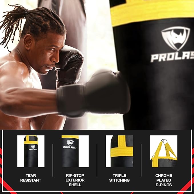 PROLAST Heavy Punching Kicking Bag for Adults, Boxing, MMA, Martial Arts, Muay Thai, Strength Training Equipment, Filled, 6ft, 150 lbs, Colored Trim Strap, Rhino Logo
