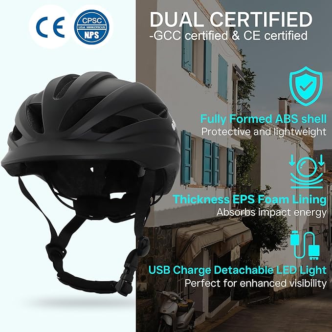 Bike Helmet Adult Urban:Bicycle Helmet for Men Women with USB Charge Detachable Taillight Helmets for Commuter Cycling Scooters