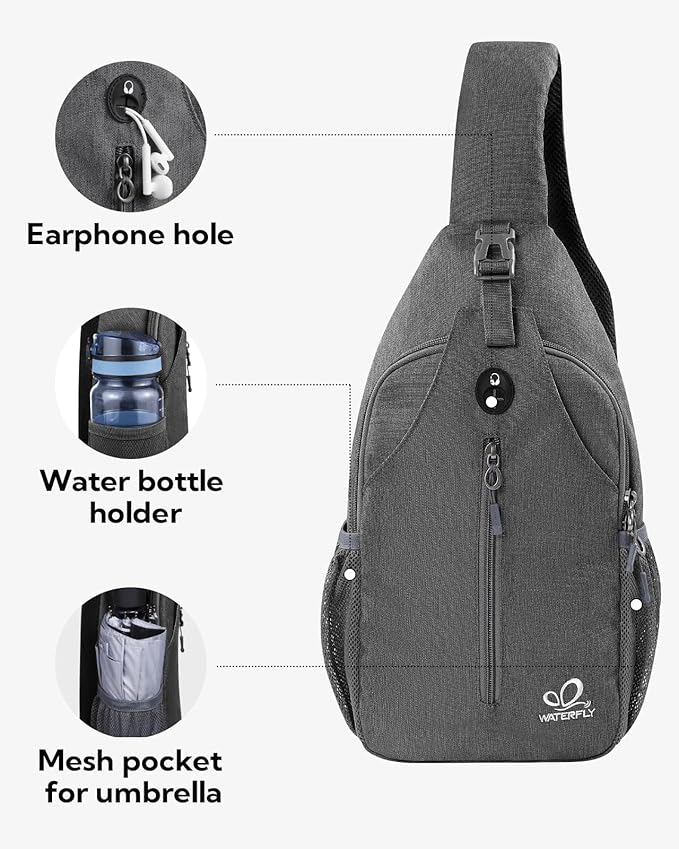 WATERFLY Crossbody Sling Backpack Sling Bag Travel Hiking Chest Bag Daypack