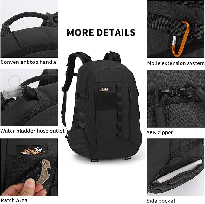 WindTook 40L Military Tactical Backpack for Men and Women,Molle Hiking daypacks Assault Pack 3 Day Bug Out Bag for Camping Travel Army Hunting Gym Rucksack Survival (Black)