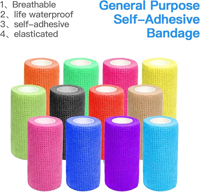 OZER 12 Pack 4 Inch x 5 Yards Self Adhesive Bandage Breathable Cohesive Bandage Wrap Rolls Elastic Self-Adherent Tape for Stretch Athletic, Sports, Wrist, Ankle
