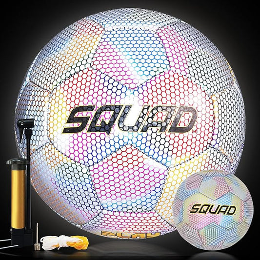 SQUAD Holographic Reflective Soccer Ball Size 5 - Reflective Glowing Ball for Night Games & Training - Durable PU Leather and Rubber Airbags - Cool & Unique Gift for Soccer Fans