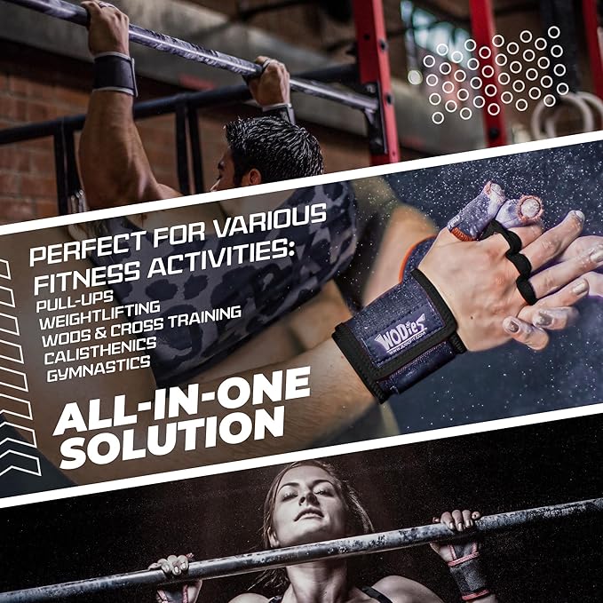 JerkFit WODies Gymnastics & Weightlifting Grips with Wrist Wraps – 3 Hole Versatile Gym Gloves for Pull Ups, Gym Training & Cross Training – Hand Grips Palm Protector for Men & Women