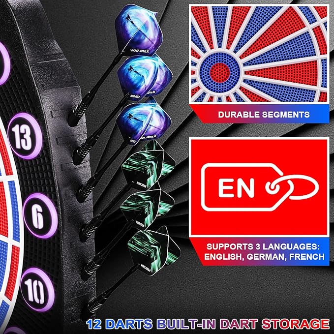 WIN.MAX Electronic Dart Board Soft Tip Dartboard Set LED Displays 3 Languages with 12 Darts 100 Tips Power Adapter