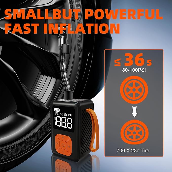 Mini Bike Pump, 150 PSI Portable Bicycle Pump with Gauge, 3X Faster & Auto Stop & Brushless Motor, Electric Bike Tire Pump with Presta and Schrader Valve for Road Bike, MTB, Motorcycle, Ball,etc