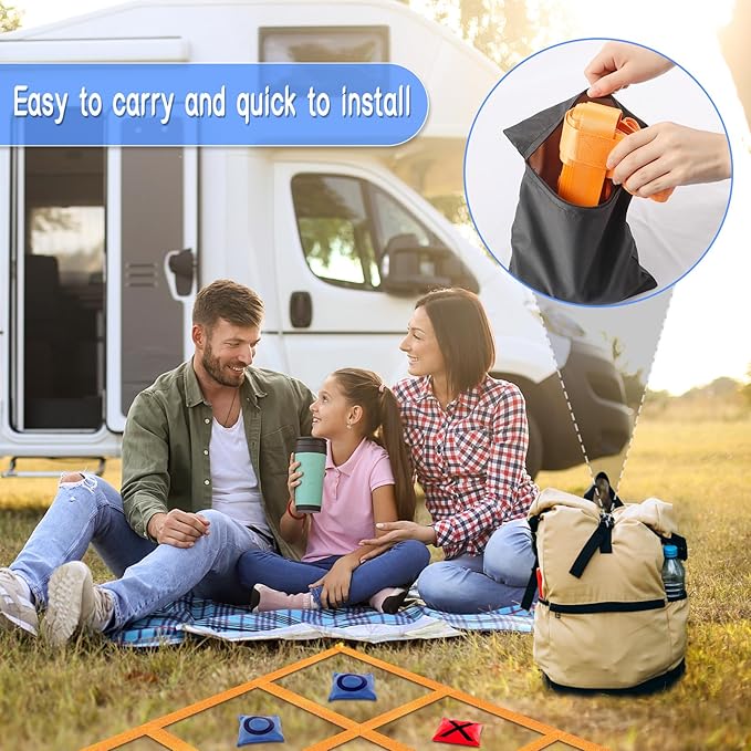 Giant Tic Tac Toe Strap Game Indoor Outdoor, 4 Ft X 4 Ft Portable Tic Tac Toe Bean Bag Toss Game, Large Yard Toss Game Tic Tac Toss Across Camping Games for Kids & Families -Orange
