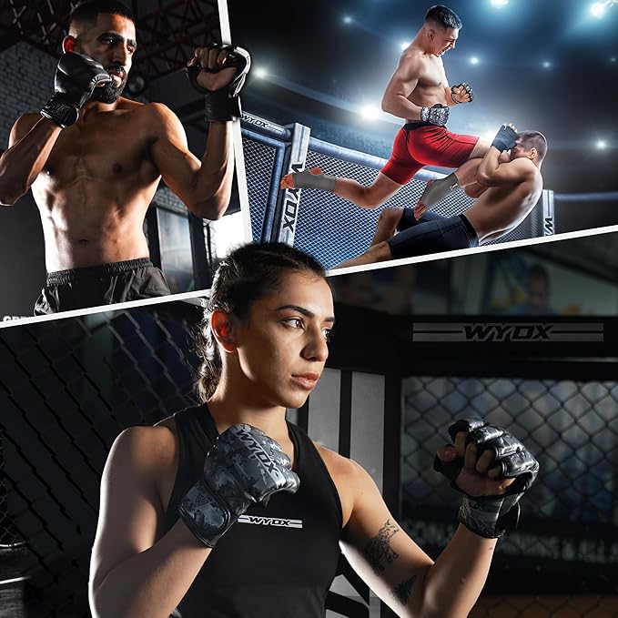 WYOX MMA Gloves for Men & Women – Grappling & Sparring Boxing Gloves with Open Palm Design, Padded Fingerless Training Gloves for Kickboxing, Muay Thai, Youth & Heavy Bag Workouts