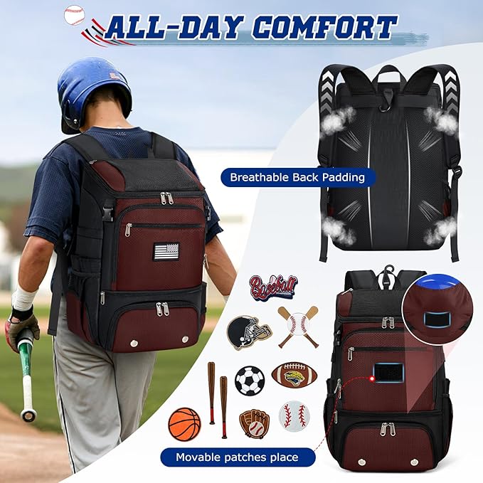 RAINSMORE Baseball Backpack, Lightweight Softball Bag with Shoe Compartment Baseball Bag for Youth & Adult Softball Bat Bag with Fence Hook Helmet Holder Sports Backpack for T-Ball