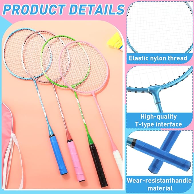 Woanger 8 Pcs Badminton Rackets Set with 12 Shuttlecocks, Lightweight Badminton Set of 4 for Adults Backyard Gym Beach Outdoor Games