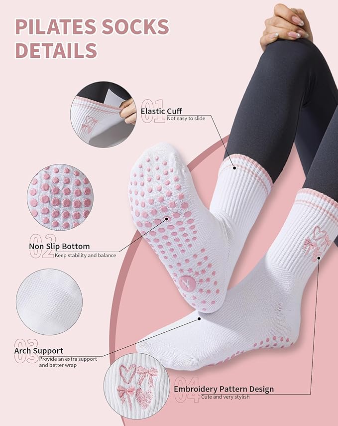 Yawlsow Pilates Grip Socks for Women Yoga Grippy Socks Cute Barre Non Skid Athletic Crew Sticky Sock Workout Hospital