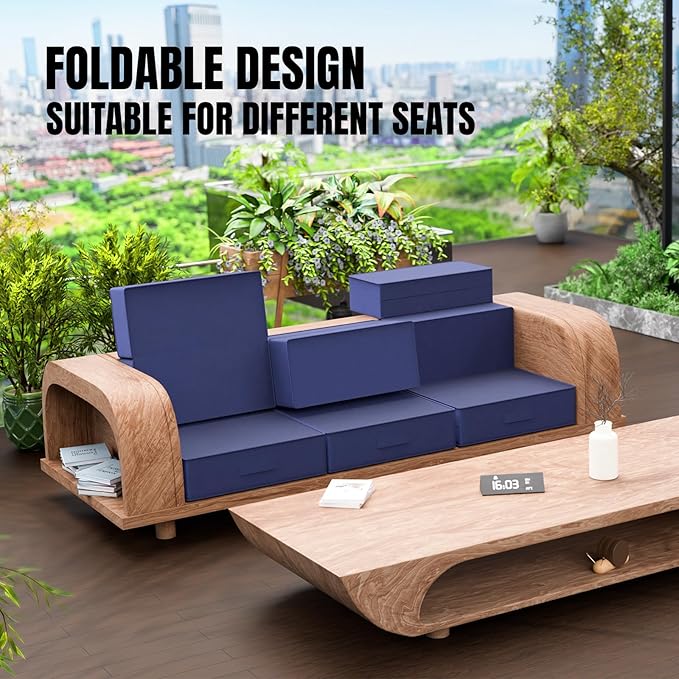 6 Inch Thick Foldable Deep Seat Cushion, 2 PCS 24 x 24 Inch Outdoor Water & Fade Resistant Olefin Patio Furniture Replacement Chair Cushion, with Removable Cover, Handle and Straps, Dark Blue
