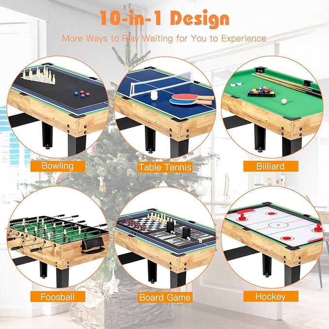 GYMAX Multi Game Table, 10 in 1 Combo Game Table w/Foosball Table, Hockey, Pool Table, Ping Pong, Shuffleboard, Bowling & 4 Board Games, Game Tables for Game Room, Home, Family