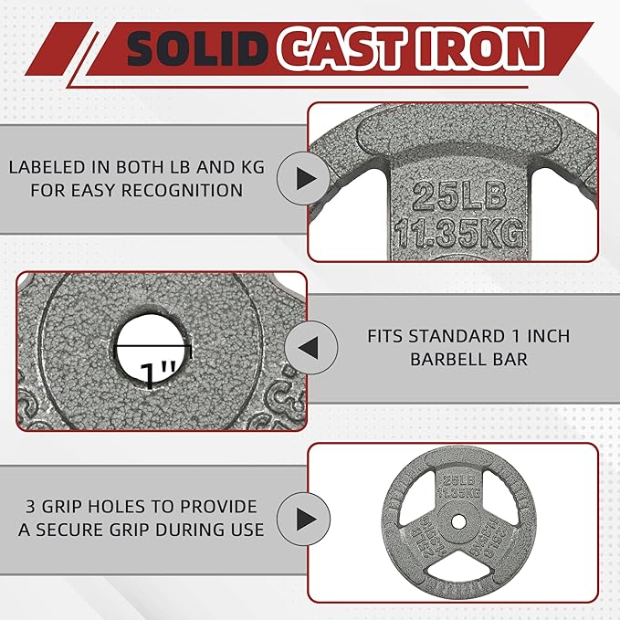 Cast Iron Gym Weight Plates | 1" and 2" Olympic Bumper Plates for Weightlifting, CrossFit, Deadlift, and Squat