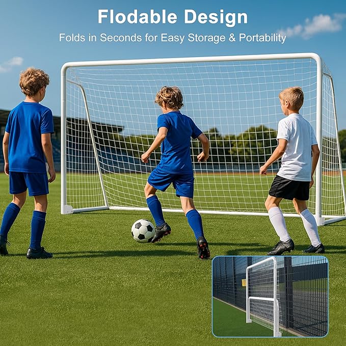 MOPHOTO 6x4/8x6/10x6.5/12x6/16x7ft Soccer Goals for Backyard, Foldable Steel Soccer Goal with 6 Cones, Weatherproof Soccer Goal for Teens/Adults Practice Training