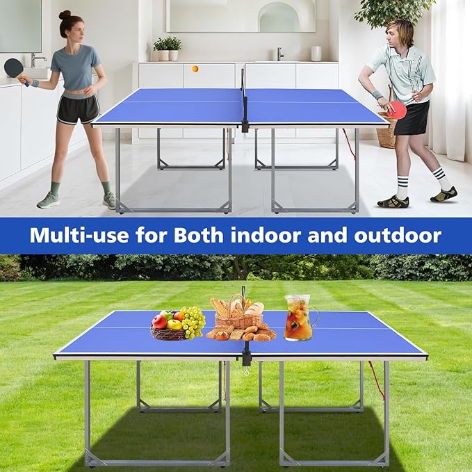 Ping Pong Table Foldable Table Tennis Table with Net, Table Tennis Paddles and Balls, 4.5FT/6FT/9FT MDF Multi-Use Family Game Table for Kid Teenager Adult, Compact & Portable
