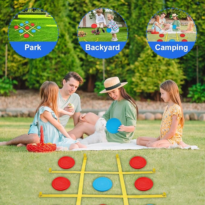 Giant Tic Tac Toe Outdoor Game, 4 Ft X 4 Ft Large Tic Tac Toe Strap Game Outdoor with 10PCS Soft Flying Disc for Kids and Adults to Play Outdoors, Beach, and Park