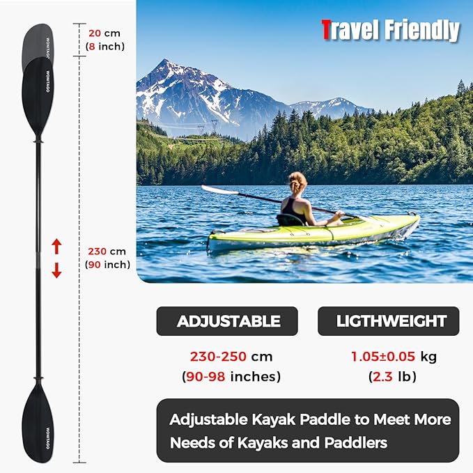 Kayak Paddle with Fiberglass Shaft and Reinforced Nylon Blade, Adjustable Kayaking Oars, 3 Piece, 230-250 cm/90-98 inches, 210-230 cm/82-90 inches