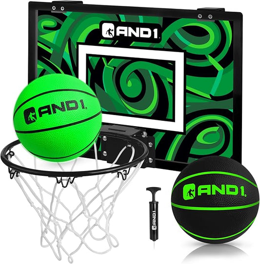 AND1 Over the Door Mini Basketball Hoop: 18x12 Shatterproof Backboard, 2 Mini Basketballs, and Hand Pump Included- Ultimate Indoor Basketball Accessory for Kids and Adults, No Tools Required