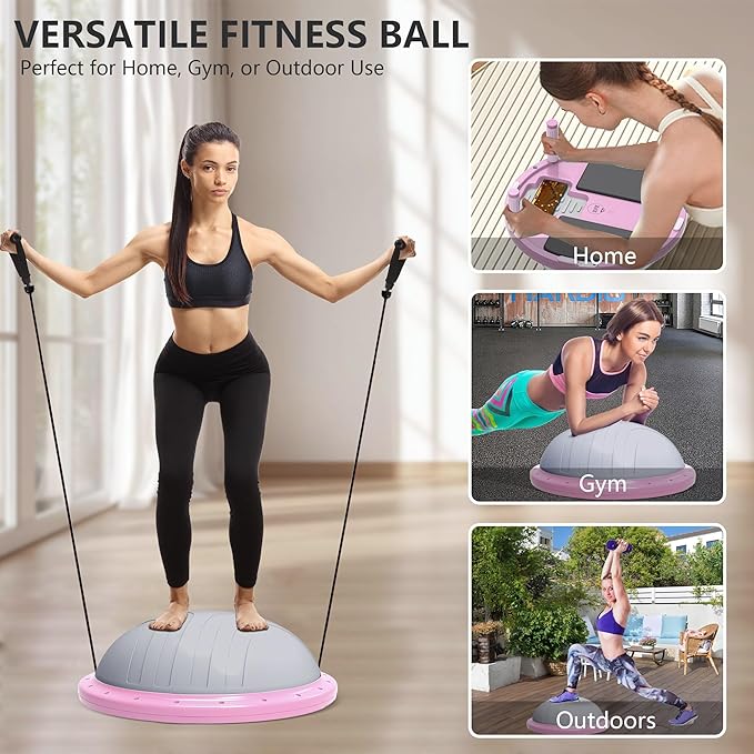 ZPZ Half Balance Ball Trainer, Compact Portable Inflatable Exercise Yoga Stability Ball with App-Based Balance Game, Pilates Resistance Bands, Foot Pump, Non-Slip Base for for Full-Body Workouts, Home Gym & Easy Storage (18.3 Inch Pink)