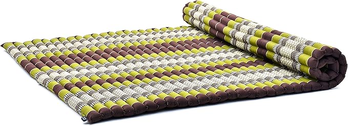 Leewadee - Foldable Floor Mattress - Japanese Roll Up Futon -Trifold Tatami Mat- Guest Floor Bed - Camping Mattress - Thai Massage Mat, Kapok Filled, 75 x 57 inches, Brown Green