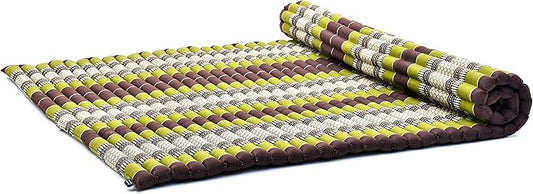 Leewadee - Foldable Floor Mattress - Japanese Roll Up Futon -Trifold Tatami Mat- Guest Floor Bed - Camping Mattress - Thai Massage Mat, Kapok Filled, 75 x 57 inches, Brown Green