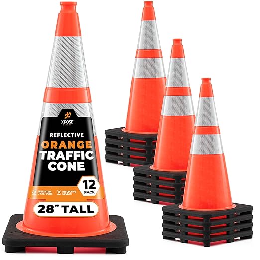 Xpose Safety 28 Inch Orange Traffic Cones with 6" & 4" Collars, 12-Pack - Multipurpose PVC Plastic Safety Cone for Parking, Soccer, Caution, Kids and Construction - DOT Approved