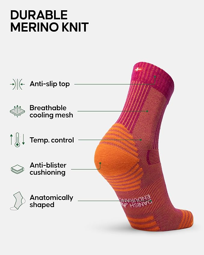DANISH ENDURANCE Light Hiking Socks, Merino Wool Socks, Anti Blister, Sweat Wicking, Breathable, Men & Women, 3 or 5-Pack