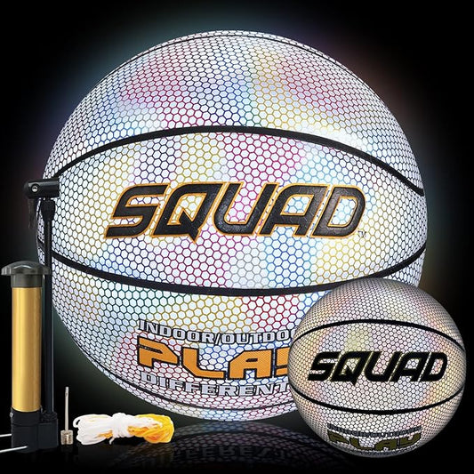 SQUAD NightPlay Reflective Basketball Size 5, Size 7 - Cool Holographic Glow Basketball for Night Game, Ideal Gift for Boys Girls 10-14 Year Old, Cool Teen Toys