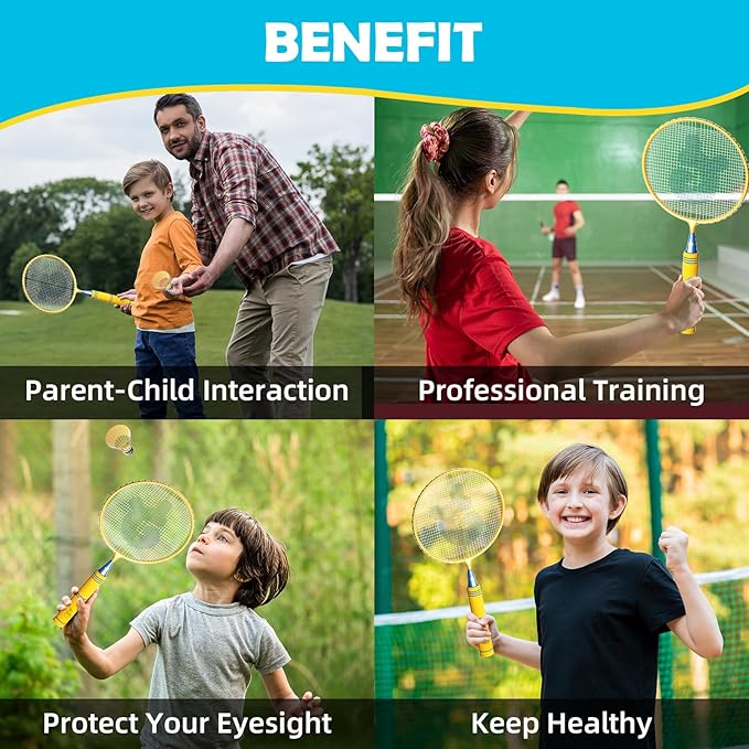 JOY SPOT! Kids Badminton Rackets Set with Soft Grip, Oversize & Lightweight Shuttlecocks Racquet with Carry Bag for Children Youth, 2 Player Sport Game for Indoor Outdoor Backyard