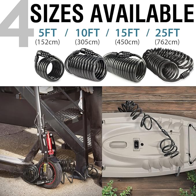 MARQUE Combination Bike Lock Cable- 3/8 inch (5FT, 10FT, 15FT, 25FT) Resettable Combination Lock, Anti-Theft Coiled Secutiry Cable for Bicycles, Kayaks, Paddle Boards, Gates and Outdoor Gear (5 FT)