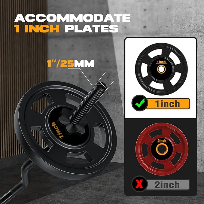 47" EZ Curl Bar Weight Lifting Bar, for Hip Thrusts/Squats/Lunges, 1" Weight Plates Curling Bar for Gym and Home, with Star Collars