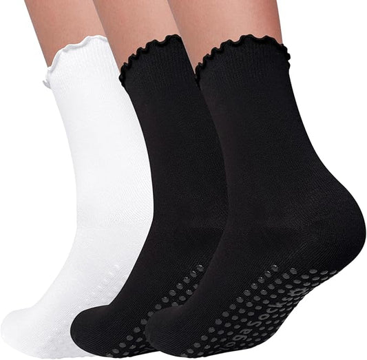 3 Pairs Pilates Socks with Grips Non Slip Ruffle Yoga Grip Socks for Women