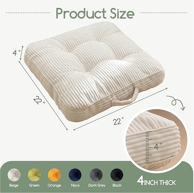 Washable Floor Pillow Cushion for Adults, Meditation Cushion Pillow, Large Square Floor Sitting, Removable Tufted Corduroy Cover, for Tatami Living Room or Yoga, 22x22 Inch, 2Pack, Machine Washable