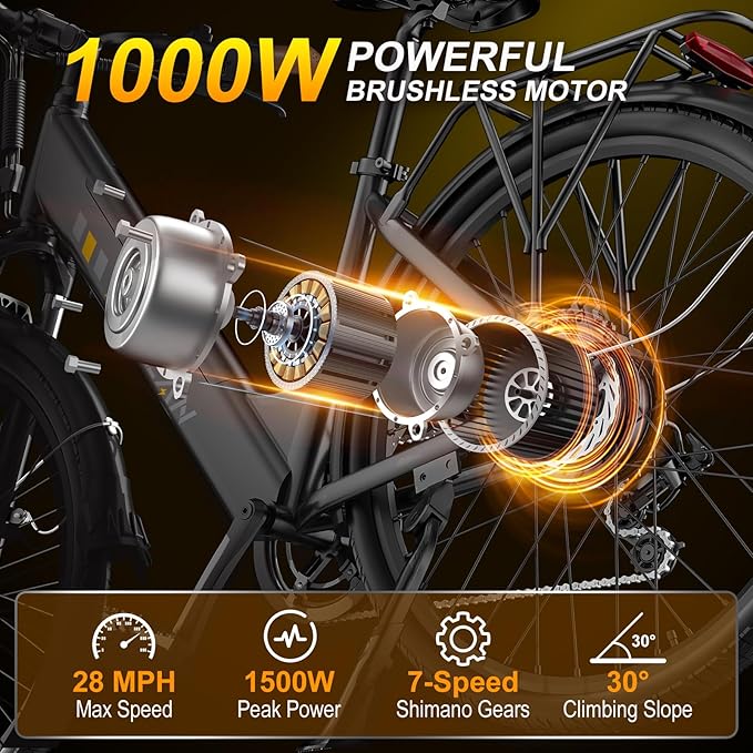 V80 Electric Bike, 1000W Motor 28MPH Ebike, 48V 13Ah Removeable Battery, 26'' City Cruiser Adult Electric Bicycles up to 70 Miles