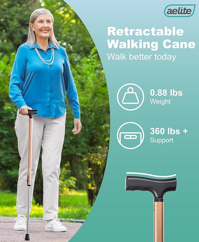 Aelite Walking Cane for Men and Women - Light, Durable, Retractable, Heavy Duty, Ergonomic Handle, High-Grade Aluminum Alloy, Canes for Seniors and Adults