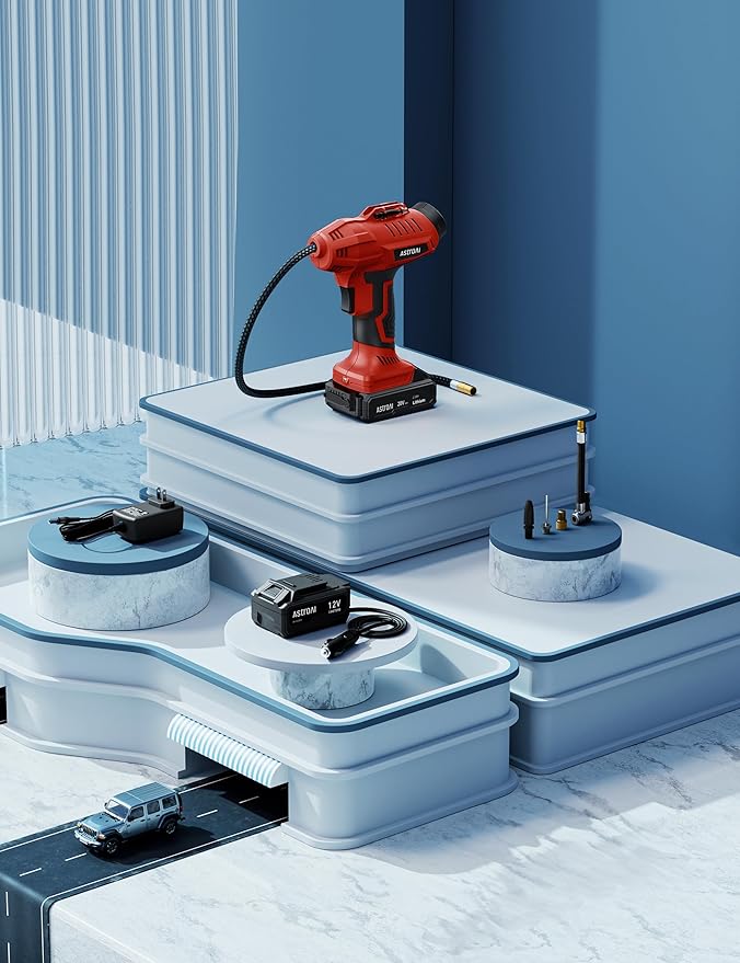 AstroAI C2 Cordless Tire Inflator Air Compressor 20V Rechargeable Battery Powered 160PSI Portable Air Pump with 12V Car Power Adapter Digital Pressure Gauge for Cars Motorcycles JY16P160-18 Red