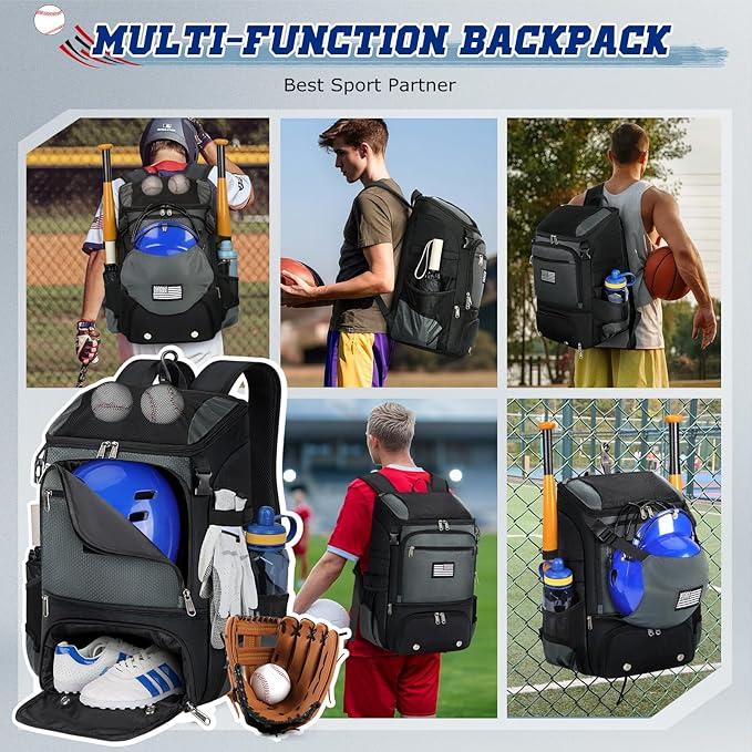 RAINSMORE Baseball Backpack, Lightweight Softball Bag with Shoe Compartment Baseball Bag for Youth & Adult Softball Bat Bag with Fence Hook Helmet Holder Sports Backpack for T-Ball