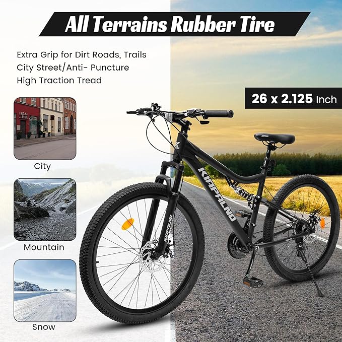 Mountain Bike 24 26 27.5 Inch, Dual Full Suspension Mens Womens Bike, 21 Speeds Dual Disc Brake Carbon Steel Bike, Boys Mens Mountain Bike for School Work Summer Camping, Birthday Gift Choice