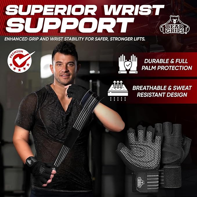 Bear Grips Weight Lifting Gloves for Men & Women | Half Finger Lifting Gloves | Full Finger Workout Gloves for Men | No Finger Exercise Gloves l Compression Weightlifting Gloves | Gym Gloves for Men