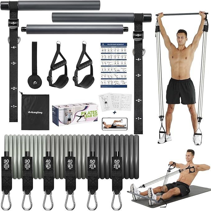Upgraded Pilates Bar Kit with Resistance Bands Natural Latex for Women & Men, Heavy-Duty Stainless Steel Multifunctional Yoga Pilates Stick for Home Gym Exercise Fitness Equipment Full-Body Workouts