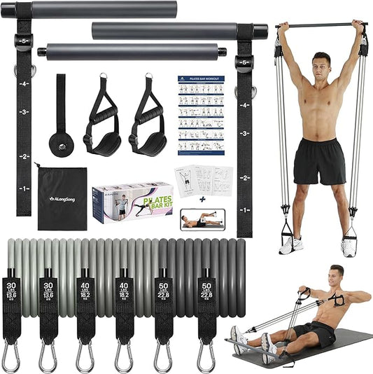 Upgraded Pilates Bar Kit with Resistance Bands Natural Latex for Women & Men, Heavy-Duty Stainless Steel Multifunctional Yoga Pilates Stick for Home Gym Exercise Fitness Equipment Full-Body Workouts