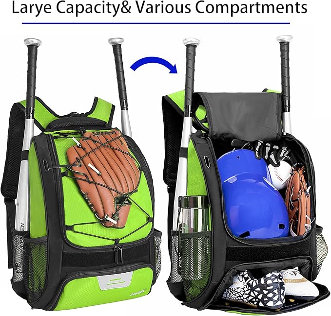 Baseball Bag Softball Backpack - Youth Adult T Ball Bat Equipment Bag with Bat Helmet Holders, Shoe Compartment