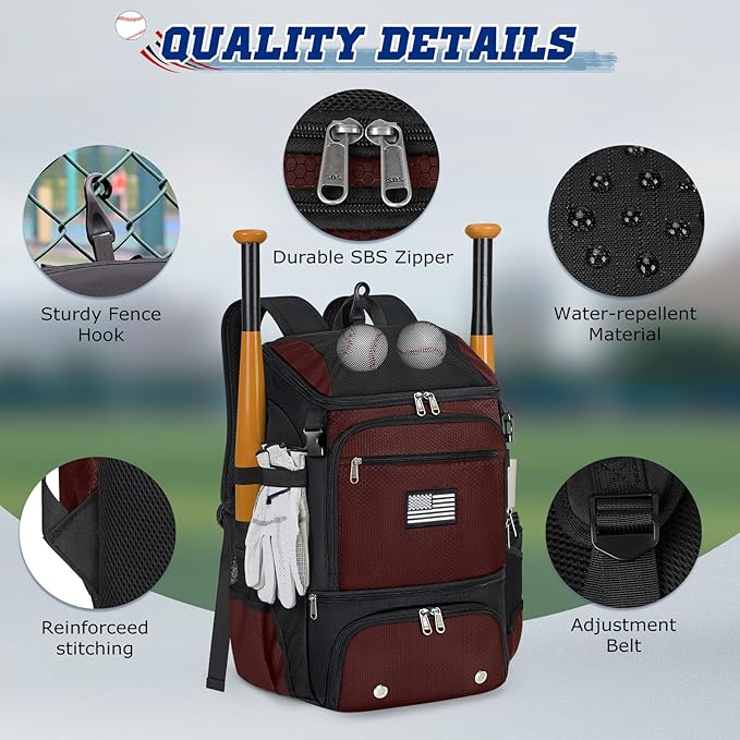 RAINSMORE Baseball Backpack, Lightweight Softball Bag with Shoe Compartment Baseball Bag for Youth & Adult Softball Bat Bag with Fence Hook Helmet Holder Sports Backpack for T-Ball