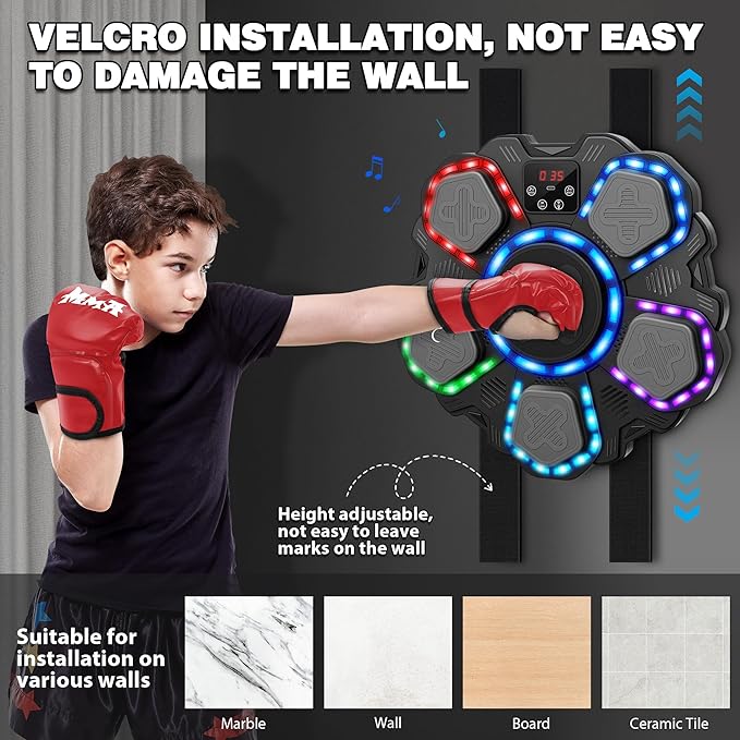 Music Boxing Machine with Force Measuring, Wall Mounted Bluetooth Punching Boxing Pad with Boxing Gloves,Home Gym Boxing Equipment Stress Relief, Sport Toys Gifts for Kids Adult Men Boy Girl, Age14-99