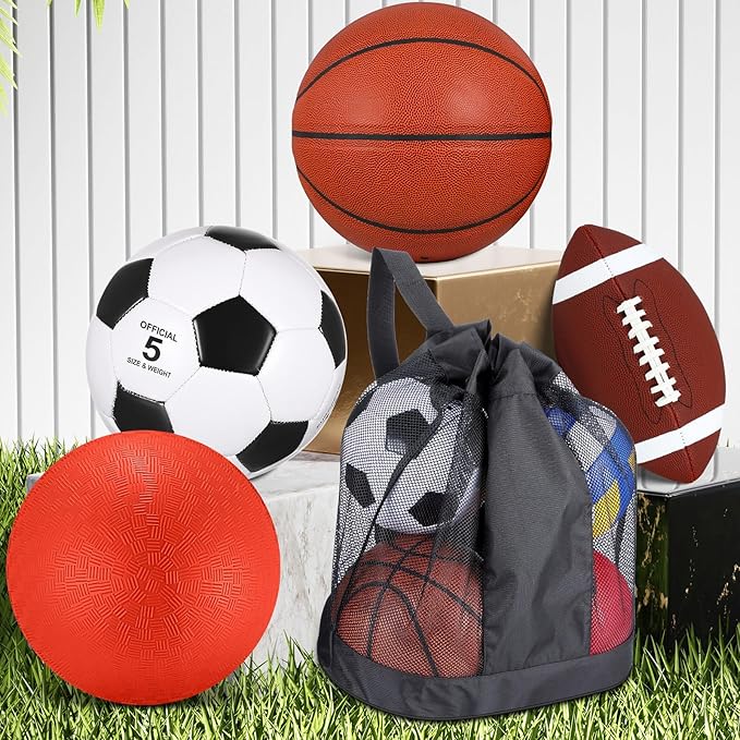 Lenwen 4 Pcs Sports Balls Set, Include Official Size Basketball Soccer Football Playground Ball Pump Equipment Bag Recess Equipment Sport for Teen Adult Gift Back to School