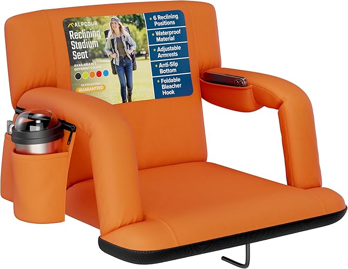 Alpcour Reclining Stadium Seat – Wide Bleacher Chair with Back Support and Cushion, Armrests, Side Pockets, and Bleachers Hook – Best Stadium Seats Chairs for Camping, Kayak, & Paddle Board Backs