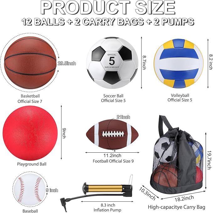Deekin 12 Pcs Assorted Sport Ball Set Official Size Basketball, Football, Volleyball, Soccer, Baseball, Playground Ball with Bag and Pump Gift for Kid Youth Adult Back to School